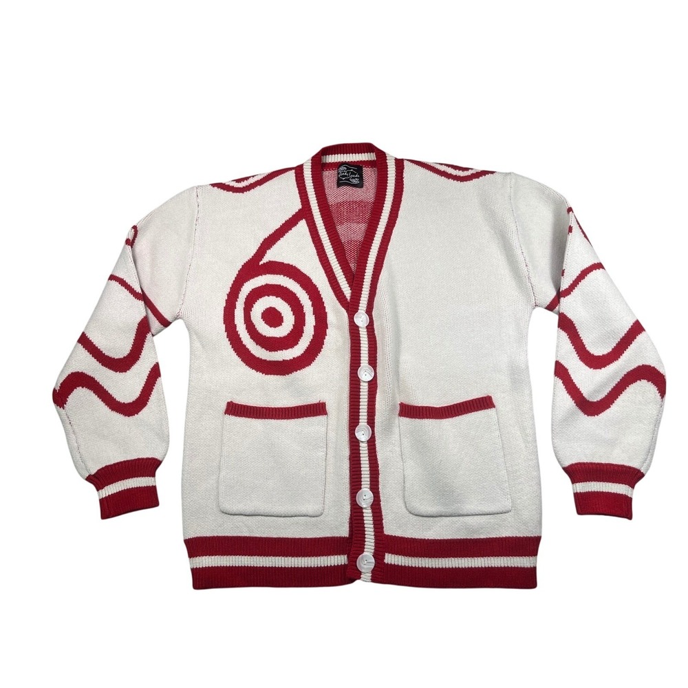Steady Hands Cardigan Sweater XS Red Cream Bullseye Graphic Knit Button Front